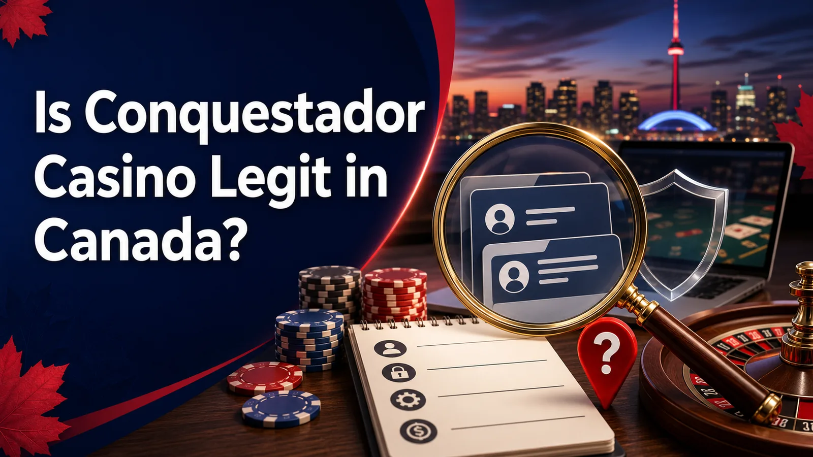 Shield/checklist over casino chips with maple leaf